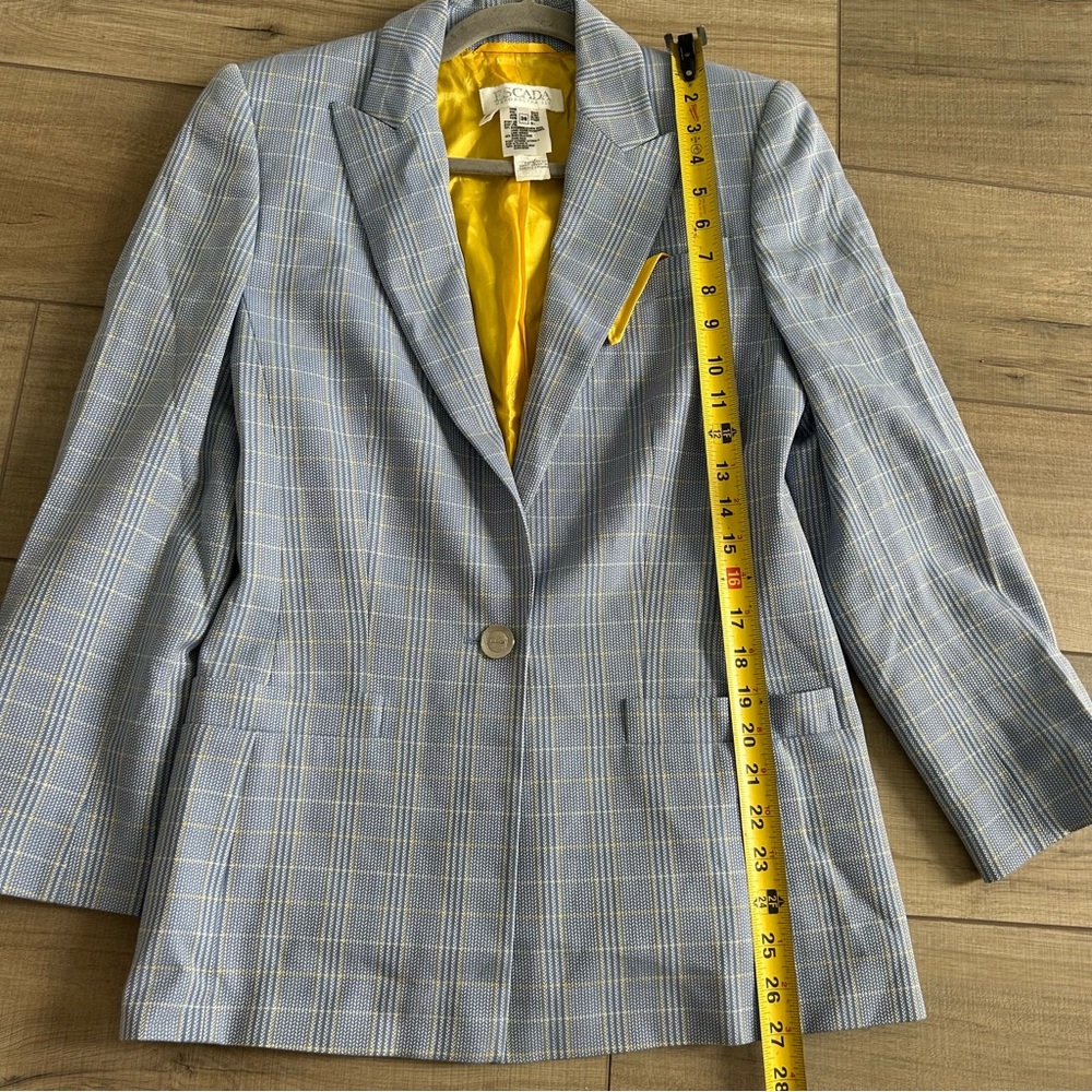 Vintage Escada Light Blue Yellow Plaid Single Button Wool Silk Blazer Jacket 36 - Picture 7 of 9